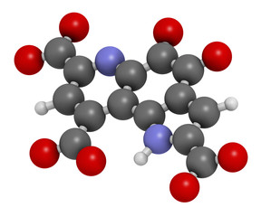 Pyrroloquinoline quinone (PQQ) redox cofactor molecule. 3D rendering. Atoms are represented as spheres with conventional color coding: hydrogen (white), carbon (grey), oxygen (red), nitrogen (blue).