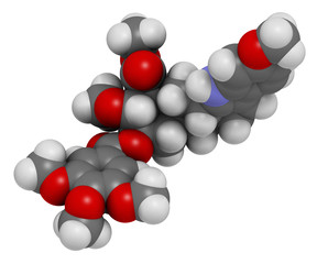 Reserpine alkaloid molecule. Isolated from Rauwolfia serpentina (Indian snakeroot). 3D rendering. Atoms are represented as spheres with conventional color coding.