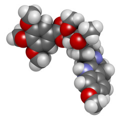 Reserpine alkaloid molecule. Isolated from Rauwolfia serpentina (Indian snakeroot). 3D rendering. Atoms are represented as spheres with conventional color coding.