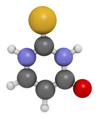 Thiouracil drug molecule. Obsolete drug molecule, previously used in the treatment of Graves' disease. 3D rendering. Atoms are represented as spheres with conventional color.
