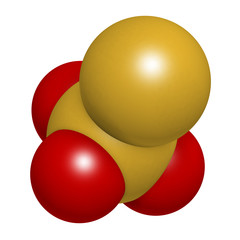 Thiosulfate anion, chemical structure. 3D rendering. Atoms are represented as spheres with conventional color coding: sulfur (yellow), oxygen (red).