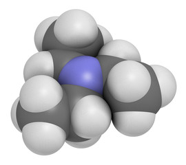Triethylamine organic base molecule. 3D rendering. Atoms are represented as spheres with conventional color coding: hydrogen (white), carbon (grey), nitrogen (blue).