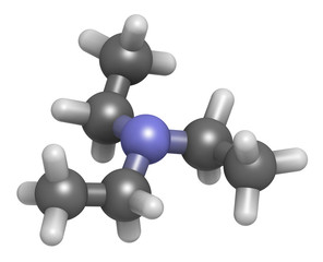 Triethylamine organic base molecule. 3D rendering. Atoms are represented as spheres with conventional color coding: hydrogen (white), carbon (grey), nitrogen (blue).