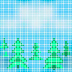 Vector. Seamless christmas pattern of Christmas tree on a blue background. Pixel art.