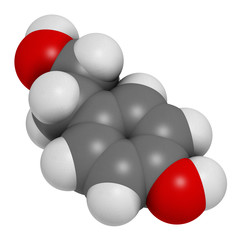 Tyrosol molecule. Antioxidant found in olive oil. 3D rendering. Atoms are represented as spheres with conventional color coding: hydrogen (white), carbon (grey), oxygen (red).