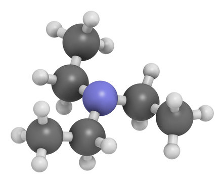 Triethylamine organic base molecule. 3D rendering. Atoms are represented as spheres with conventional color coding: hydrogen (white), carbon (grey), nitrogen (blue).