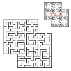 Abstract square maze. Game for kids. Puzzle for children. One entrance, one exit. Labyrinth conundrum. Flat vector illustration. With answer. With place for your image.