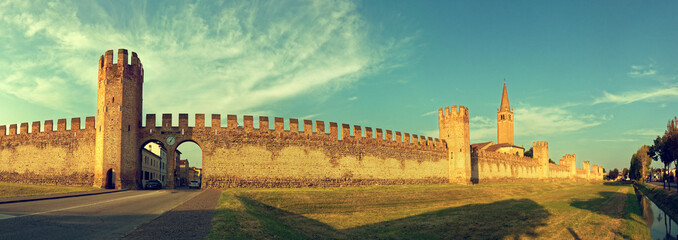 Montagnana, Italy August 6, 2018: City fortress. High walls of red brick.