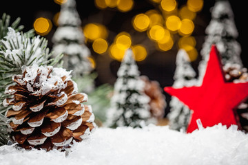 Christmas decoration diorama with snow forest landscape