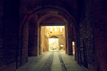 Obraz premium Montagnana, Italy August 6, 2018: City fortress. High walls of red brick.