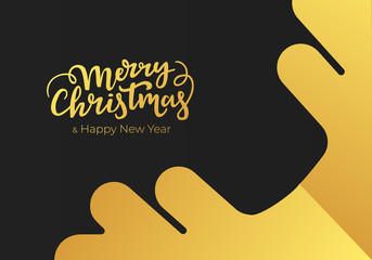 Christmas and New Year greeting card made of black paper background and decorated with gold lettering and snowflake. Postcard design for winter holidays