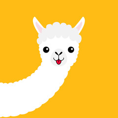 Llama alpaca animal face, long neck. Cute cartoon funny kawaii character. Fluffy hair fur. T-shirt, greeting card, poster template print. Childish baby collection. Flat design. Yellow background.