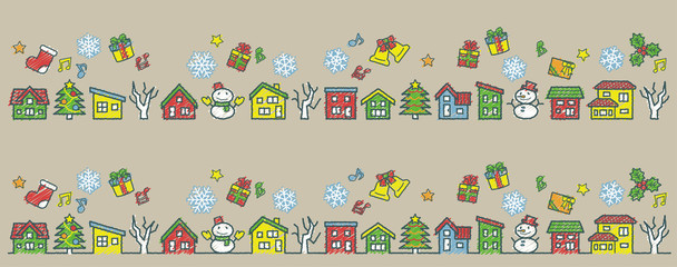 デフォルメした家と木の並び(手書風線画落書き風着色)カーキ色背景のクリスマスバージョン