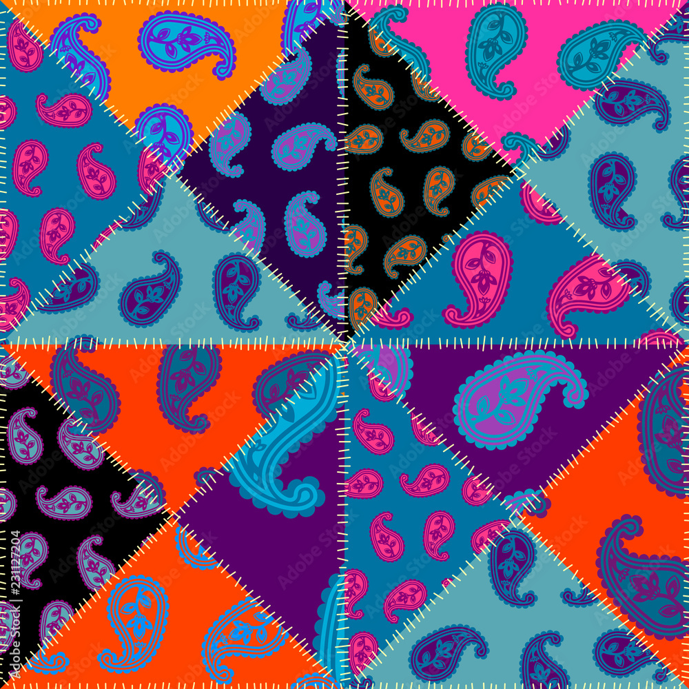 Poster seamless background pattern. patchwork pattern with paisley ornament patterns. bright magenta and or