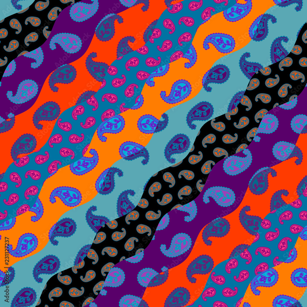 Poster seamless background pattern. patchwork pattern with paisley ornament patterns. bright magenta and or