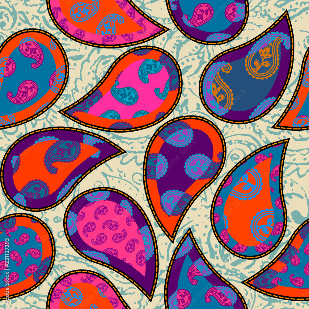 Poster seamless background pattern. patchwork pattern with paisley ornament patterns. bright magenta and or
