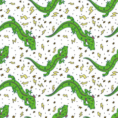 Seamless pattern with green dragons on white