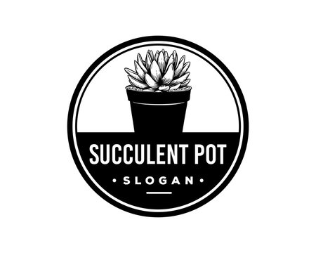 Hand Drawing Vector Succulent Pot Decorative Plants Sign Symbol Vintage Circle Logo Template Design Inspiration
