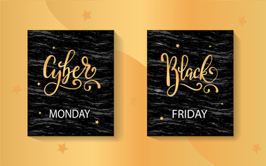 Set of Black Friday and Cyber Monday sale calligraphy banners. Vector illustration with black and golden colors. Mobile website banner, flyer template, poster, online shopping, ads, social med.