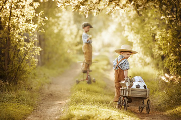 Children playing in the lush spring garden
