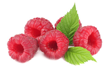 ripe raspberries with green leaf isolated on white background macro