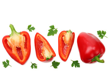 sliced red sweet bell pepper isolated on white background. top view
