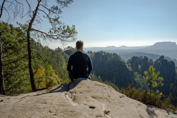 Panorama of Bastei rock formations, the bridge Bastei, Saxon Switzerland National park, Germany