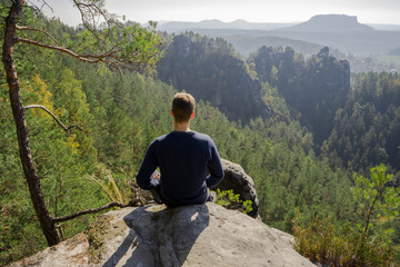 Panorama of Bastei rock formations, the bridge Bastei, Saxon Switzerland National park, Germany