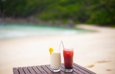 Two coctails on the tropical beach on Seychelles.