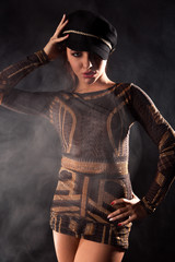 Photo of adorable brunette girl wearing black dress