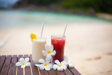 Two coctails on the tropical beach on Seychelles.