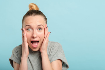 surprised shocked astonished amazed woman with open mouth. unbelievable news. emotional facial...