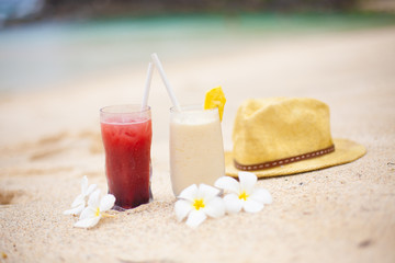 Two coctails on the tropical beach on Seychelles.