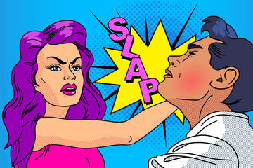 Slap, the relationship of men and women. Pop-art