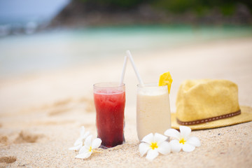 Two coctails on the tropical beach on Seychelles.