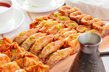 Traditional Baklava on Wooden Table