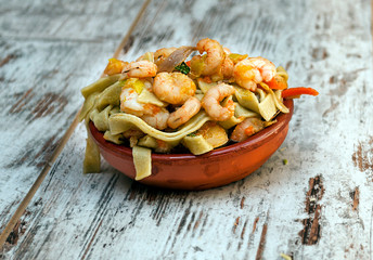 Noodles surrounded by rustic background