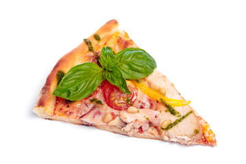 Slice of fresh italian classic original Pizza isolated on white background