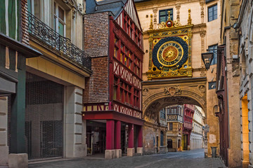 Rue du Gros Horloge or Great-clock street with famos Great clocks in Rouen, Normandy, France - obrazy, fototapety, plakaty