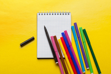 Fototapeta na wymiar Felt-tip pens and blank notepad on bright yellow background