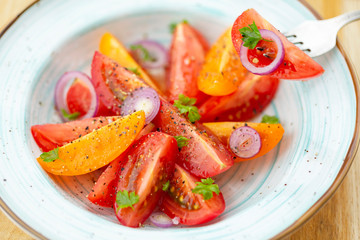Traditional Italian salad with fresh tomatoes, onions and olive oil