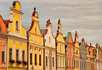 Colorful houses in the main square of the city Telc are the main tourist attraction of the city. A UNESCO World Heritage Site. Telc, Southern Moravia, Czech Republic