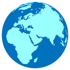 Globe in blue without meridians. The vector drawing shows Earth Globe, which focuses on Europe and Africa, which are in the foreground. Continents are light blue, the water is dark blue.