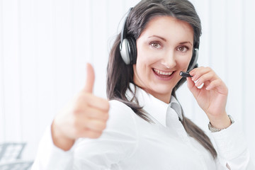 young employee call center showing thumb up