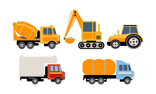 Cargo, construction and specialized machinery for transportation, concrete mixer truck, excavator, tractor, tank, refrigerator truck vector Illustration on a white background