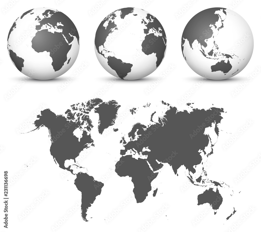 Wall mural gray 3d globe - earth vector set with undistorted 2d world map in gray color.
