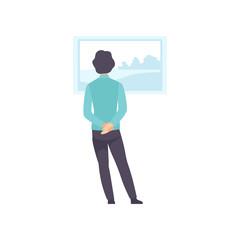 Man looking at the painting hanging on the wall, exhibition visitor viewing museum exhibit at art gallery, back view vector Illustration on a white background