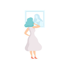 Woman in white dress looking at the painting hanging on the wall, female exhibition visitor viewing museum exhibit at art gallery, back view vector Illustration