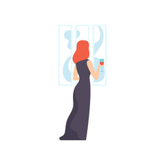 Woman in black dress looking at the painting hanging on the wall, female exhibition visitor viewing museum exhibit at art gallery, back view vector Illustration on a white background