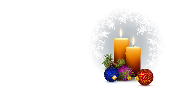 Panorama Vector with Two Candles and Snowflakes on White Background.